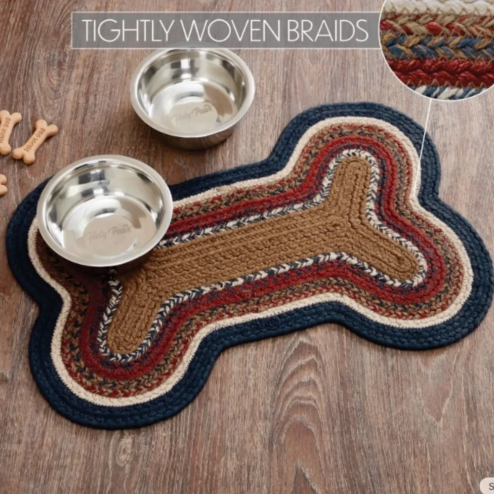 Dog Bone Shape Jute Braided Rug Pet Feeder Rustic Country Multi Colored